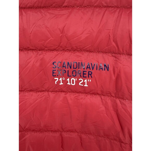 Scandinavian Explorer mens M packable Jacket Full Zip Puffer Red blue white down - Picture 2 of 15